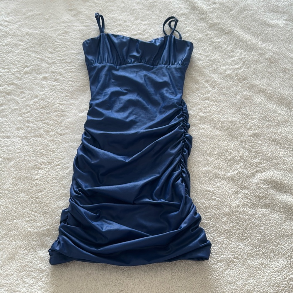Katie J NYC Navy Blue Satin Ruched Spaghetti Strap Dress size 12